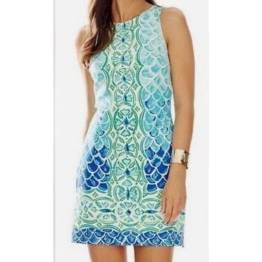 Lilly Pulitzer Mermaid Cove Shift Dress Blue Green Sleeveless Knit Size 4